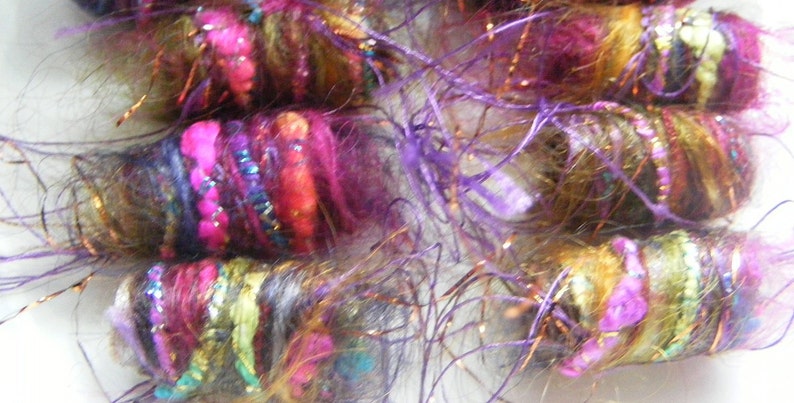 Set of 6 beads. We have some slightly big news. Our sparkle parts talk too. Fiber Bead set, textile art bead, dread tube, artisan barrel image 6