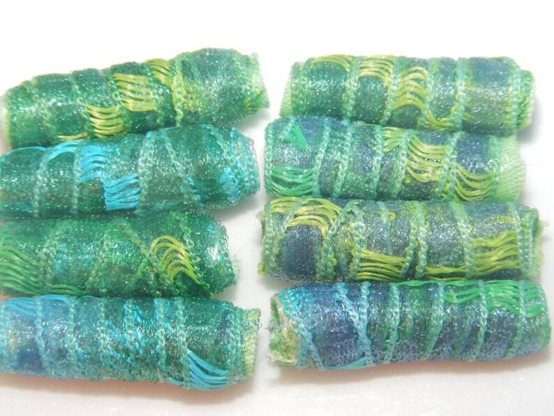 Now we fully understand the term proud as a peacock Fiber Bead Artisan jewelry bead Textile bead Set of 8 Fabric Beads Dreadlock tube