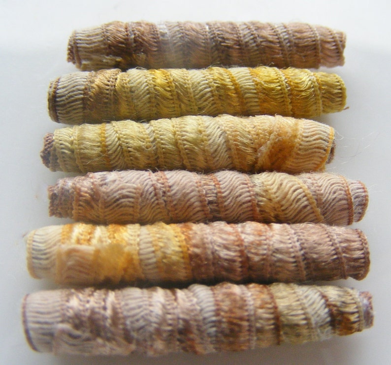 Set of 6 fabric beads. Turkey colored beads. You saw us first, here on Etsy. Fiber Bead, textile jewelry bead, artisan tube barrel slide image 1