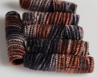 Set of 6 fabric beads. Need a brown? We got your best browns right here. Fabric Dread slide tube barrel, artisan jewelry bead.