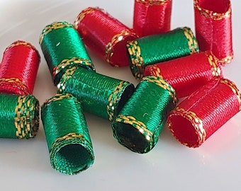 Set of 12 fabric beads. Red, green and gold Christmas colors.  Washable 5mm or 7mm hole Dread or jewelry beads.