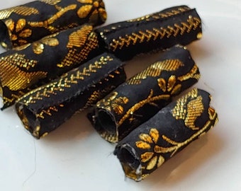 Set of 6 Fabric Beads. Black base, gold or silver embroidery. You get to choose! Metallic textile dread tube