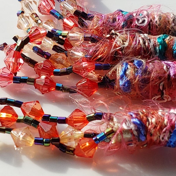 Set of 4 pink , peach, blue. We did comb our hair today. We really, really did! Fiber Beads, Beaded beads, textile dreadlock slide