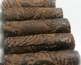 Paisley Faux Leather Fabric Beads, Tube Barrel Slide, Set of 6