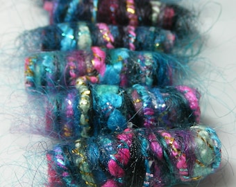 Set of 6 fabric beads. We have no idea where we're going but we're positive we are on our way. Electric blue and pink textile Fiber Bead