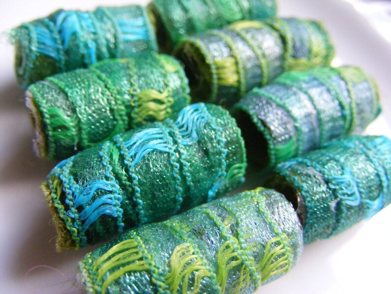 Now we fully understand the term proud as a peacock Fiber Bead Artisan jewelry bead Textile bead Set of 8 Fabric Beads Dreadlock tube