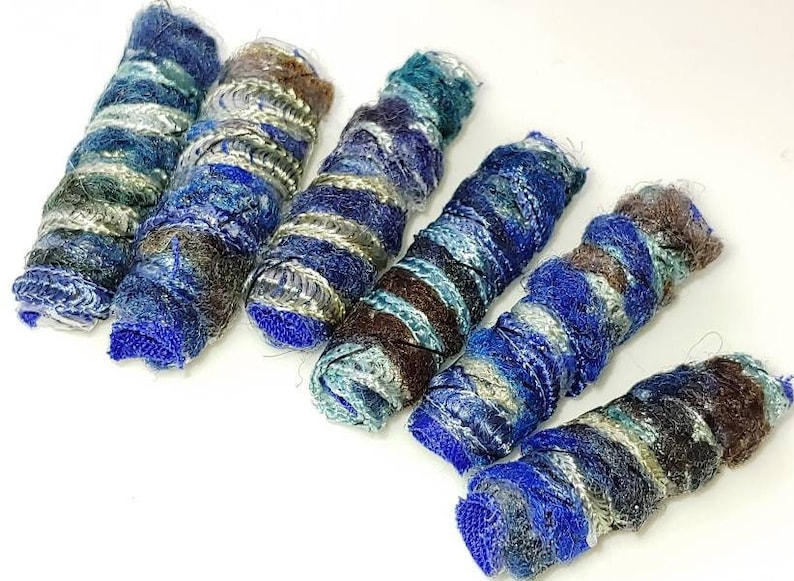 Set of 6 Fiber Beads. She says we have shadows. Yes, but isn't there makeup for that fabric dread bead, macrame tube, soft jewelry barrel blue brown teal