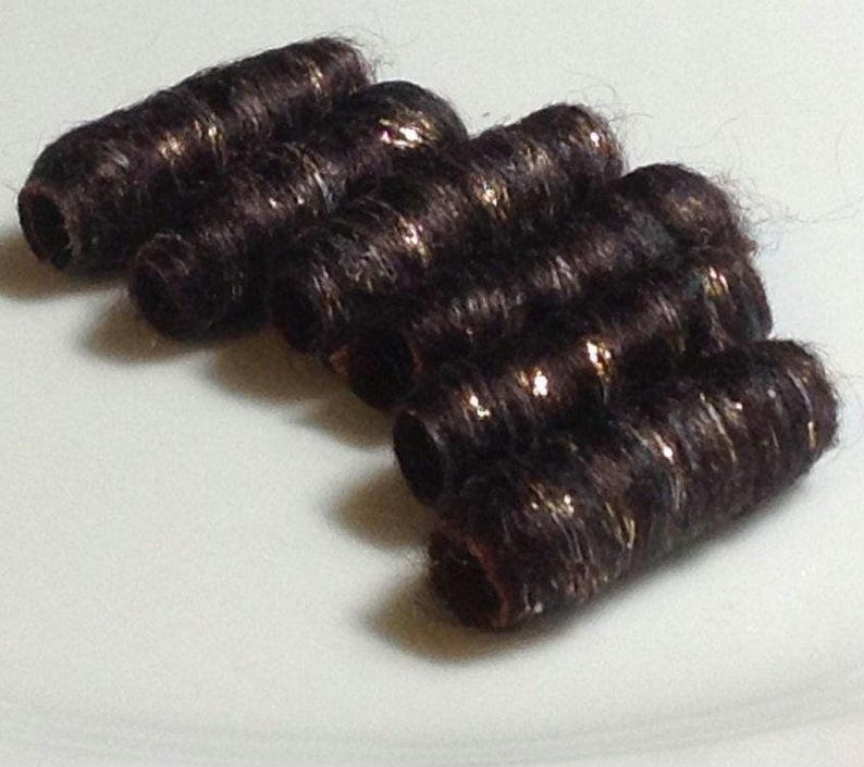 Set of 6 Wool Dread Beads – Chocolate Brown with Gold Detail Very Dark Chocolate