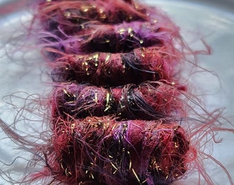 Set of 6 fabric beads. It's rather wonderful, being fiber beads. Our grape color wisps and gold sparkle? Added bonus. hair bead tube slide