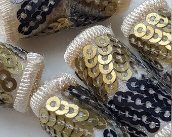 Set of 6 Fabric beads chevron pattern in gold and gunmetal with a fine mesh overlay. Finished edges. Fiber textile bead, dread wide hole