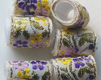 OOAK Set of 6 fabric beads. White linen and embroidered purple, green and yellow floral motif.  wide large hole Fiber Beads!
