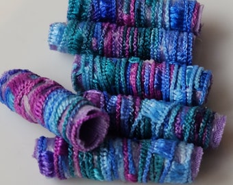 Set of 6 fabric beads. Teal, lavender and pink ladder yarn equals abundant beauty. Tube, barrel, slide, embellishment. dread, surface design
