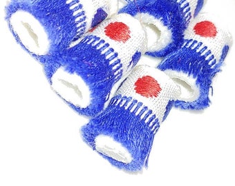 Set of 6 fabric beads. Red, white and blue polka dot with some swish. Wide hole dread sleeve, macrame tube, barrel bead Fiber Bead