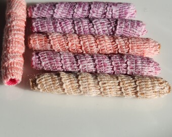 Set of 6 fabric beads. We KNOW someone will want to make us into jewelry. We'd rather be an art doll instead. Fiber Bead, Textile hair tube