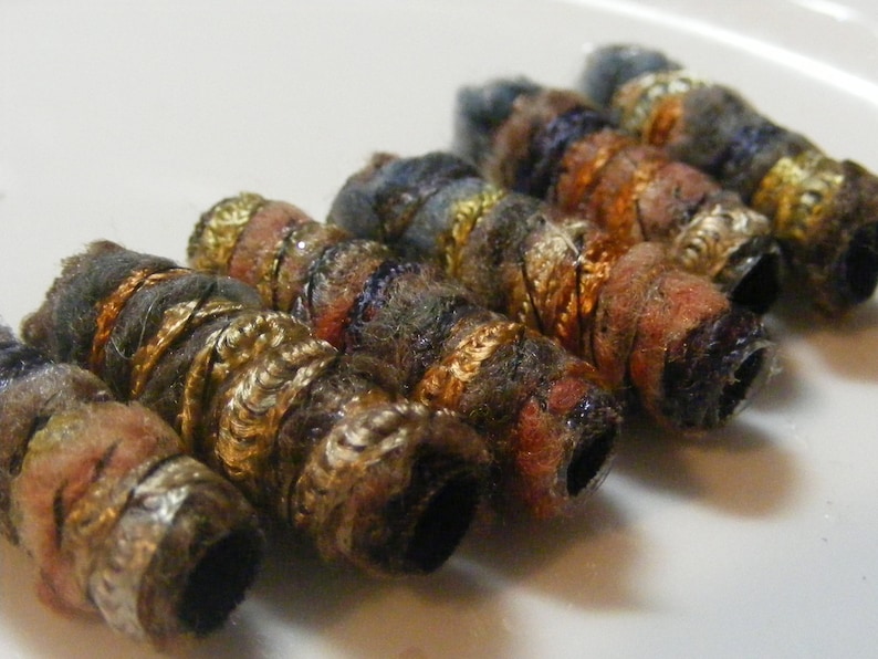 Set of 6 Fiber Beads. She says we have shadows. Yes, but isn't there makeup for that fabric dread bead, macrame tube, soft jewelry barrel gray brown orange