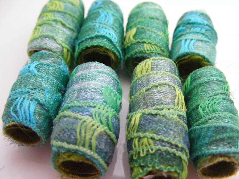 Now we fully understand the term proud as a peacock Fiber Bead Artisan jewelry bead Textile bead Set of 8 Fabric Beads Dreadlock tube
