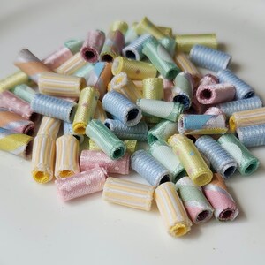 Fiber Bead Mini Pastel polka dots and stripes. Go gently, dear artists. Lightweight fabric beads, slow stich tiny tube