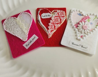 Choose ONE ATC. Fabric FUN! Use as a journal card, as a valentine card, or whatever makes you happy. One-of-a-kind.        3.5" x 2.5"