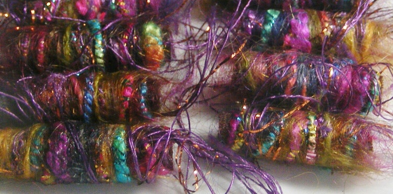 Set of 6 beads. We have some slightly big news. Our sparkle parts talk too. Fiber Bead set, textile art bead, dread tube, artisan barrel image 4