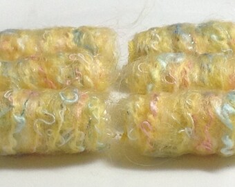 Set of 6 fabric beads. Yellow boucle? Yes, beautiful all the time. textile bead, artisan bead, dread lock sleeve, barrel, junk journal tube