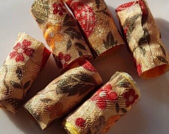 Set of 6 fabric beads.  Vintage, festive floral reds and golds must rejoice!  Fiber Bead tube, dread sleeve, loc slide, macrame tube