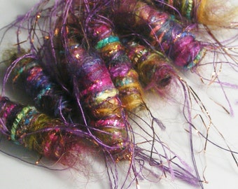 Set of 6 beads. We have some slightly big news. Our sparkle parts talk too. Fiber Bead set, textile art bead, dread tube, artisan barrel