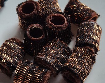 Set of 10 Mini  (12.3mm) Metallic Copper Black Mesh Fabric Beads, Tiny Sparkle