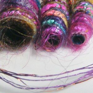 Set of 6 beads. We have some slightly big news. Our sparkle parts talk too. Fiber Bead set, textile art bead, dread tube, artisan barrel image 5