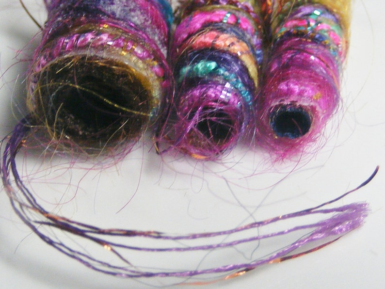 Set of 6 beads. We have some slightly big news. Our sparkle parts talk too. Fiber Bead set, textile art bead, dread tube, artisan barrel image 5