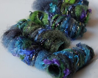 Set of 6 fabric beads. Oooh la la! Olive, sky blue and lavenders coming to a project in your studio. Please? Fiber beads, dread tube