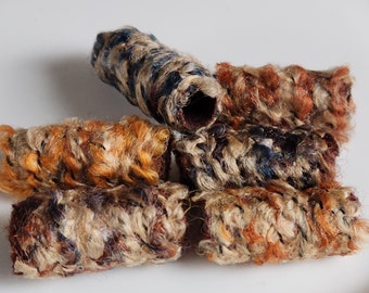 Set of 6 Fiber Beads. Brown, tan, adobe, gray-blue. It's like looking into a river bed!   fabric dread bead, macrame tube, hair bead, barrel