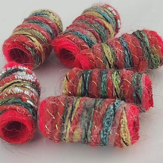 Set of 6 fabric beads. We can do the job of ten of Santa's helpers. Think of us as Christmas elves instead of beads. Fiber Beads, slide