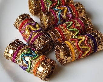 Set of 6 Gold Glitter Dreadlock Beads: Rainbow Fiber Tubes