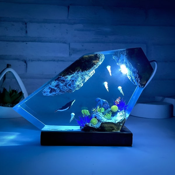 Epoxy Resin Ocean Lamp, Whale turtle and Couple Diver Night light, Resin Wood lamp, Free Diving, Unique Summer Gift, Home decor
