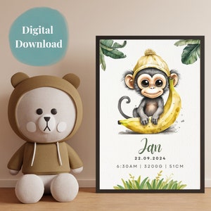 Anuncio de nacimiento A4 A3 A0 habitación infantil | Regalo personalizado | Póster infantil Animales bebés | bautismo | Último minuto | Imprime y regala