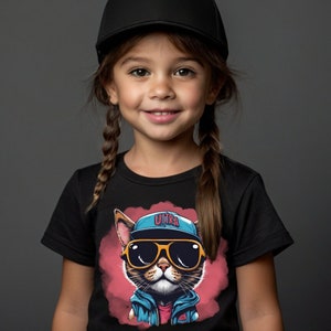 May include: A young girl wearing a black t-shirt featuring a cartoon cat wearing sunglasses and a blue cap with the word "ULTRA". The cat is depicted with a pink background and a blue jacket. The girl is also wearing a black cap.