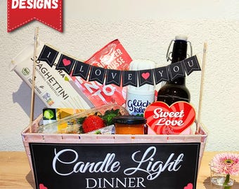 Candle Light Dinner Gift Basket - "I Love You" Pennant Chain and Sign as DIY PDF | Valentine's Day 2025 Gifts for Men | Pdf Download