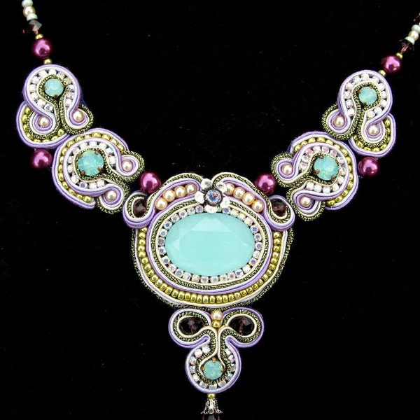 Aqua green, purple and lime Soutache crystal beaded necklace