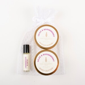 Lilac & Gooseberry Gift Set - Roll On Perfume - Body Butter - Sugar Scrub