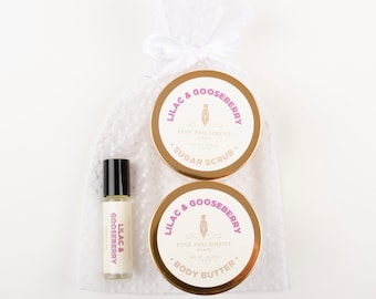 Lilac & Gooseberry Gift Set - Roll On Perfume - Body Butter - Sugar Scrub