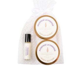 Pumpkin Lavender Gift Set - Roll On Perfume - Body Butter - Sugar Scrub