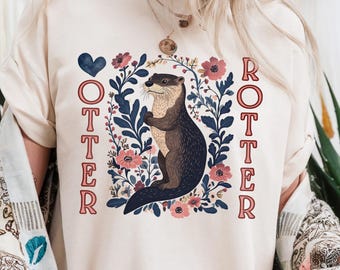 Boho floral 'Otter Rotter' t-shirt, colourful watercolour otter tee for cottagecore and nature lovers, fun gift for animal enthusiasts