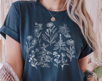 Vintage Medicinal Herbalist Plants Illustration T-Shirt, Healing Nature Shirt for Plant Lovers & Gardening Green Witches