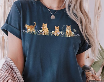 Maglietta Boho Wildflower Orange Cats, maglietta estetica Cottagecore con vibrazioni tigrate allo zenzero, perfetta per gli amanti dei gatti e come regalo.