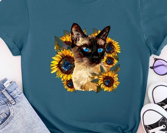 Siamese Cat and Sunflowers Boho Painted T-shirt, Artful Cat Top, Casual Wear, Unique Gift for Cat Lovers