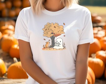 Leuk Halloween-T-shirt Ghost Dog Lover, leesscène herfstboek, perfect cadeau voor herfstliefhebber