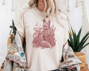 Maglietta grafica Folklore Rustic Forest Fox, maglietta Cottagecore per amanti della natura, maglietta con simpatici animali, maglietta Forestcore vintage,