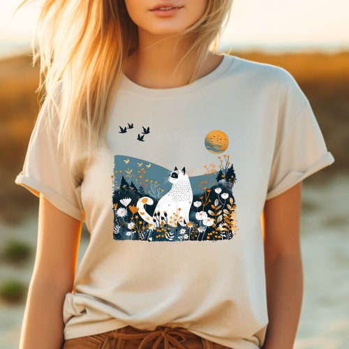 スカンジナビア風レトロヴィンテージミッドセンチュリー猫Tシャツ、花柄サマーランドスケープTシャツ、カジュアルウェア、猫好きの方へのユニークなギフト