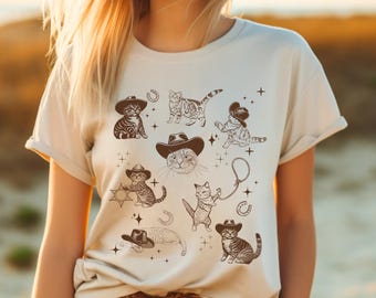 Tabby Cat Cowboys Vintage T-Shirt, Western Style Cat in Cowboy Hats Graphic Tee, Fun Cat Lovers Gift