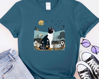 Scandi Meadow Tuxedo Cat T-Shirt, Mid Century Modern, Black and White Cat in Wildflowers, Sizes S-4XL, Unique Gift for Tuxedo Cat Lovers